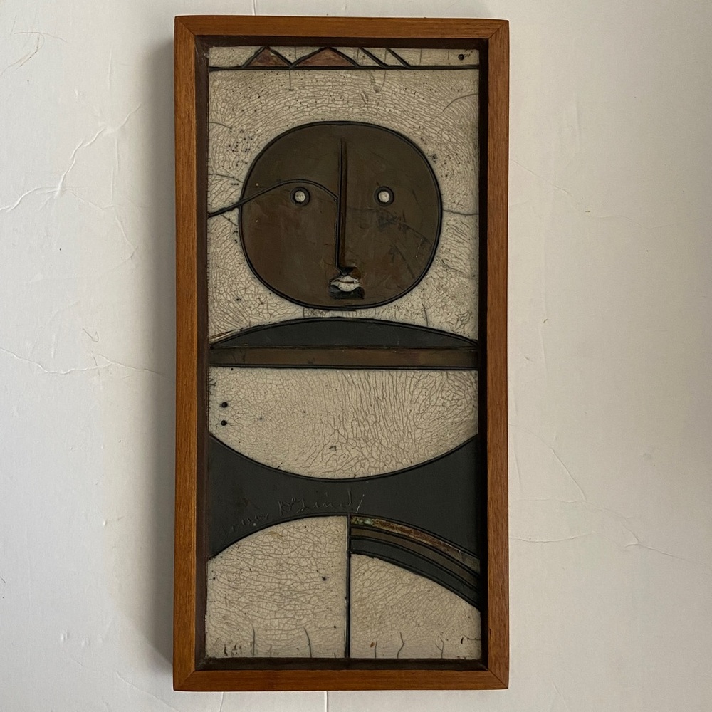 Doug DeLind Signed Raku/Pottery “WIND GOD” in Wooden Frame 12 x 6” - Picture 1 of 6